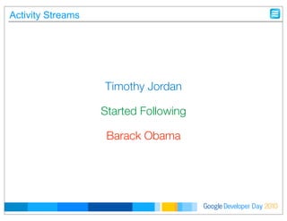 Developer DayGoogle 2010
Timothy Jordan
Started Following
Barack Obama
Activity Streams
 