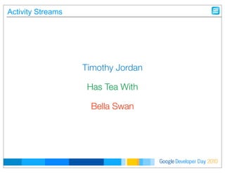 Developer DayGoogle 2010
Timothy Jordan
Has Tea With
Bella Swan
Activity Streams
 