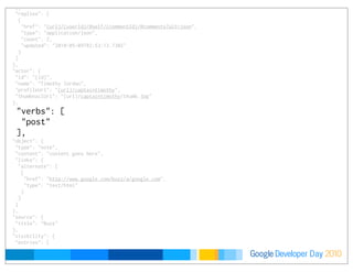 Developer DayGoogle 2010
    }
   ],
   "replies": [
    {
     "href": "{url}/{userId}/@self/{commentId}/@comments?alt=json",
     "type": "application/json",
     "count": 2,
     "updated": "2010-05-09T02:53:13.730Z"
    }
   ]
  },
  "actor": {
   "id": "{id}",
   "name": "Timothy Jordan",
   "profileUrl": "{url}/captaintimothy",
   "thumbnailUrl": "{url}/captaintimothy/thumb.jpg"
  },
  "verbs": [
   "post"
  ],
  "object": {
   "type": "note",
   "content": "content goes here",
   "links": {
    "alternate": [
     {
      "href": "http://www.google.com/buzz/a/google.com",
      "type": "text/html"
     }
    ]
   }
  },
  "source": {
   "title": "Buzz"
  },
  "visibility": {
   "entries": [
 
