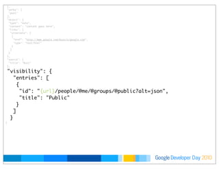 Developer DayGoogle 2010
   "profileUrl": "{url}/chabotc",
   "thumbnailUrl": "{url}/chabotc/thumb.jpg"
  },
  "verbs": [
   "post"
  ],
  "object": {
   "type": "note",
   "content": "content goes here",
   "links": {
    "alternate": [
     {
      "href": "http://www.google.com/buzz/a/google.com",
      "type": "text/html"
     }
    ]
   }
  },
  "source": {
   "title": "Buzz"
  },
  "visibility": {
   "entries": [
    {
     "id": "{url}/people/@me/@groups/@public?alt=json",
     "title": "Public"
    }
   ]
  }
 }
 