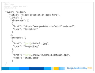 Developer DayGoogle 2010
    "object": {
     "type": "note",
     "content": "content goes here",
"attachments": [
{
"type": "video",
"title": "video description goes here",
"links": {
"alternate": [
{
"href": "http://www.youtube.com/watch?v=abcdef",
"type": "text/html"
}
],
"preview": [
{
"href": "{url}/default.jpg",
"type": "image/jpeg"
},
{
"href": "{url}/proxy?thumbnail_default.jpg",
"type": "image/jpeg"
}
]
}
 