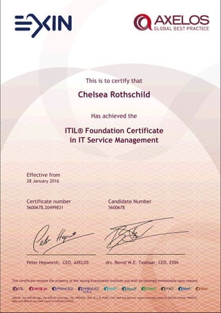 This is to certify that
Chelsea Rothschild
Has achieved the
ITIL® Foundation Certificate
in IT Service Management
Effective from
28 January 2016
Certificate number Candidate Number
5600678.20499831 5600678
Peter Hepworth, CEO, AXELOS drs. Bernd W.E. Taselaar, CEO, EXIN
This certificate remains the property of the issuing Examination Institute and shall be returned immediately upon request.
AXELOS, the AXELOS logo, the AXELOS swirl logo, ITIL, PRINCE2, MSP, M_o_R, P3M3, P3O, MoP and MoV are registered trade marks of AXELOS Limited. PRINCE2
Agile and RESILIA are trade marks of AXELOS Limited.
 