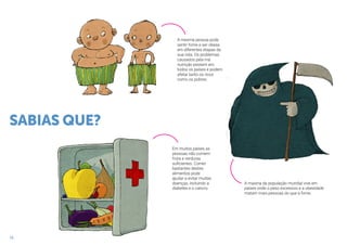 10
A mesma pessoa pode
sentir fome e ser obesa
em diferentes etapas da
sua vida. Os problemas
causados pela má
nutrição existem em
todos os países e podem
afetar tanto os ricos
como os pobres.
Em muitos países as
pessoas não comem
fruta e verduras
suficientes. Comer
bastantes destes
alimentos pode
ajudar a evitar muitas
doenças, incluindo a
diabetes e o cancro.
A maioria da população mundial vive em
países onde o peso excessivo e a obesidade
matam mais pessoas do que a fome.
SABIAS QUE?
 