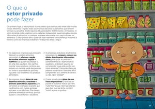 O que o
setor privado
pode fazer
Em primeiro lugar, o setor privado é uma palavra que usamos para evitar listar muitas
coisas diferentes. Engloba todas as empresas de todos os tamanhos que vendem
serviços ou produtos, desde seguros até publicidade e de televisores a brinquedos. O
setor alimentar inclui negócios como padarias, restaurantes, supermercados, grandes
fabricantes de alimentos ou qualquer empresa relacionada com a agricultura e os
alimentos. O setor privado tem o poder de fazer realmente uma diferença, mudando a
maneira como as empresas trabalham. Vê algumas delas a seguir:
1.	Os negócios e empresas que produzem,
fabricam ou vendem alimentos
necessitam de oferecer a opção
de escolher alimentos seguros e
nutritivos que ajudem as pessoas a
ter uma dieta saudável. Isto significa
inventar novos produtos nutritivos que
tenham em mente a saúde das pessoas
e a limitar a quantidade de gorduras,
açúcares e sal existentes nos produtos
alimentares.
2.	As empresas devem deixar de usar
desenhos animados, caracteres e
anúncios publicitários populares para
convencer as crianças e os jovens que
os alimentos com muitas gorduras,
açúcares ou sal são bons. Elas devem
promover alimentos nutritivos, que nos
ajudam a crescer fortes e saudáveis.
3.	As empresas produtoras de alimentos
necessitam de começar a colocar nos
rótulos dos alimentos informações
claras, para ajudar as pessoas a
compreendê-los e a fazer escolhas
saudáveis. Já tentaste alguma vez
compreender o que está escrito num
rótulo alimentar? Eles estão cheios de
palavras estranhas e é bastante difícil
compreender se o alimento é nutritivo
ou não, não é verdade?
4.	O setor privado deve deixar de usar
frases enganadoras! O facto de um
pacote de bolachas indicar que “tem
muita fibra” (o que é bom para ti) não
quer dizer que não tenha também
“muito” açúcar ou gordura.....
17
 