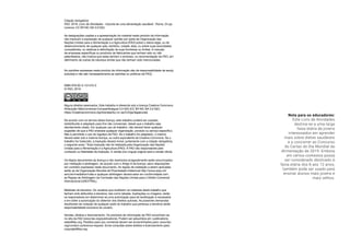 Citação obrigatória:
FAO. 2019. Livro de Atividades - Importa ter uma alimentação saudável . Roma. 24 pp.
Licence: CC BY-NC-SA 3.0 IGO.
As designações usadas e a apresentação do material neste produto de informação
não implicam a expressão de qualquer opinião por parte da Organização das
Nações Unidas para a Alimentação e a Agricultura (FAO) sobre o status legal, ou de
desenvolvimento de qualquer país, território, cidade, área, ou sobre suas autoridades
competentes, ou relativas à delimitação de suas fronteiras ou limites. A menção
de empresas específicas ou produtos de fabricantes que tenham sido ou não
patenteados, não implica que estas tenham o endosso, ou recomendação da FAO, em
detrimento de outras de natureza similar que não tenham sido mencionadas.
As opiniões expressas neste produto de informação são de responsabilidade de seu(s)
autor(es) e não são necessariamente as opiniões ou políticas da FAO).
ISBN 978-92-5-131475-3
© FAO, 2019
Alguns direitos reservados. Este trabalho é oferecido sob a licença Creative Commons
Atribuição-NãoComercial-CompartilhaIgual 3.0 IGO (CC BY-NC-SA 3.0 IGO;
https://creativecommons.org/licenses/by-nc-sa/3.0/igo/legalcode).
De acordo com os termos desta licença, este trabalho poderá ser copiado,
redistribuído e adaptado para fins não comerciais, desde que o trabalho seja
devidamente citado. Em qualquer uso do trabalho, não deverá haver qualquer
sugestão de que a FAO endosse qualquer organização, produto ou serviço específico.
Não é permitido o uso do logotipo da FAO. Se o trabalho for adaptado, o mesmo
deverá estar sob a mesma licença, ou outra equivalente da Creative Commons. Se o
trabalho for traduzido, a tradução deverá incluir, juntamente com a citação obrigatória,
o seguinte aviso: “Esta tradução não foi realizada pela Organização das Nações
Unidas para a Alimentação e a Agricultura (FAO). A FAO não responsáveis pelo
conteúdo ou fidelidade da tradução. A versão [na Língua] original será a versão oficial.
Os litígios decorrentes da licença e não resolvidos amigavelmente serão solucionados
por mediação e arbitragem, de acordo com o Artigo 8 da licença, salvo disposições
em contrário expressas neste documento. As regras de mediação a serem aplicadas
serão as da Organização Mundial da Propriedade Intelectual http://www.wipo.int/
amc/en/mediation/rules e qualquer arbitragem deverá estar em conformidade com
as Regras de Arbitragem da Comissão das Nações Unidas para o Direito Comercial
Internacional (UNCITRAL).
Materiais de terceiros. Os usuários que reutilizem os materiais deste trabalho que
tenham sido atribuídos a terceiros, tais como tabelas, ilustrações ou imagens, serão
os responsáveis em determinar se uma autorização para tal reutilização é necessária
e em obter a autorização do detentor dos direitos autorais. As possíveis demandas
resultantes da violação de qualquer parte do trabalho que pertença a terceiros serão
responsabilidade exclusiva do usuário.
Vendas, direitos e licenciamento. Os produtos de informação da FAO encontram-se
no site da FAO (www.fao.org/publications). Podem ser adquiridos em: publications-
sales@fao.org. Pedidos para uso comercial devem ser encaminhados para: www.fao.
org/contact-us/licence-request. Envie consultas sobre direitos e licenciamento para:
copyright@fao.org
Nota para os educadores:
Este Livro de Atividades
destina-se a uma larga
faixa etária de jovens
interessados em aprender
mais sobre dietas saudáveis
e a concorrer ao Concurso
do Cartaz do Dia Mundial da
Alimentação de 2019. Embora
em certos contextos possa
ser considerado destinado à
faixa etária dos 8 aos 12 anos,
também pode ser usado para
ensinar alunos mais jovens e
mais velhos.
 