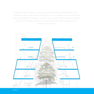 Section A
When you enter the building, you walk into an open food court surrounding trees that lie
underneath a large A frame sructure. Vendor stalls line the perimeter, so that the circulation
takes place between the vendors and the atrium. Once the frame starts to narrow, the Vendor
stalls act as a light wall for a skylight to wash down, and the users circulate along the
perimeter of the building.
 