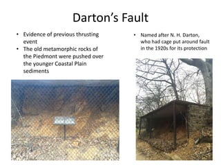 Darton’s Fault
• Named after N. H. Darton,
who had cage put around fault
in the 1920s for its protection
• Evidence of previous thrusting
event
• The old metamorphic rocks of
the Piedmont were pushed over
the younger Coastal Plain
sediments
 