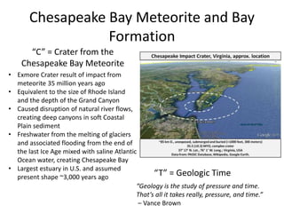Chesapeake Bay Meteorite and Bay
Formation
“C” = Crater from the
Chesapeake Bay Meteorite
• Exmore Crater result of impact from
meteorite 35 million years ago
• Equivalent to the size of Rhode Island
and the depth of the Grand Canyon
• Caused disruption of natural river flows,
creating deep canyons in soft Coastal
Plain sediment
• Freshwater from the melting of glaciers
and associated flooding from the end of
the last Ice Age mixed with saline Atlantic
Ocean water, creating Chesapeake Bay
• Largest estuary in U.S. and assumed
present shape ~3,000 years ago “T” = Geologic Time
“Geology is the study of pressure and time.
That’s all it takes really, pressure, and time.”
– Vance Brown
 