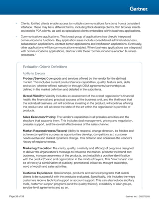 ■ Clients. Unified clients enable access to multiple communications functions from a consistent
interface. These may have different forms, including thick desktop clients, thin browser clients
and mobile PDA clients, as well as specialized clients embedded within business applications.
■ Communications applications. This broad group of applications has directly integrated
communications functions. Key application areas include consolidated administration tools,
collaboration applications, contact center applications and notification applications. Eventually,
other applications will be communications-enabled. When business applications are integrated
with communications applications, Gartner calls these "communications-enabled business
processes."
Evaluation Criteria Definitions
Ability to Execute
Product/Service: Core goods and services offered by the vendor for the defined
market. This includes current product/service capabilities, quality, feature sets, skills
and so on, whether offered natively or through OEM agreements/partnerships as
defined in the market definition and detailed in the subcriteria.
Overall Viability: Viability includes an assessment of the overall organization's financial
health, the financial and practical success of the business unit, and the likelihood that
the individual business unit will continue investing in the product, will continue offering
the product and will advance the state of the art within the organization's portfolio of
products.
Sales Execution/Pricing: The vendor's capabilities in all presales activities and the
structure that supports them. This includes deal management, pricing and negotiation,
presales support, and the overall effectiveness of the sales channel.
Market Responsiveness/Record: Ability to respond, change direction, be flexible and
achieve competitive success as opportunities develop, competitors act, customer
needs evolve and market dynamics change. This criterion also considers the vendor's
history of responsiveness.
Marketing Execution: The clarity, quality, creativity and efficacy of programs designed
to deliver the organization's message to influence the market, promote the brand and
business, increase awareness of the products, and establish a positive identification
with the product/brand and organization in the minds of buyers. This "mind share" can
be driven by a combination of publicity, promotional initiatives, thought leadership,
word of mouth and sales activities.
Customer Experience: Relationships, products and services/programs that enable
clients to be successful with the products evaluated. Specifically, this includes the ways
customers receive technical support or account support. This can also include ancillary
tools, customer support programs (and the quality thereof), availability of user groups,
service-level agreements and so on.
Page 36 of 38 Gartner, Inc. | G00270209
 