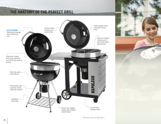 THE ANATOMY OF THE PERFECT GRILL
Stainless steel
heat diffuser
Cast iron hinged
cooking grids
with three height
adjustments
Sturdy four legged
design with weather
proof wheels
Convenient
storage shelf
Removable high
capacity, heavy
steel ash catcher
Stainless
steel legs
Heavy gauge black
porcelain lid and
bowlACCU-PROBE
™
Temperature gauge
with rust free air
vent
Sturdy handle
doubles as a
towel holder
Ergonomic hinged
lid for safe operation
over the entire cooking
surface
PRO22K-LEG and NK22CK-C
10
 