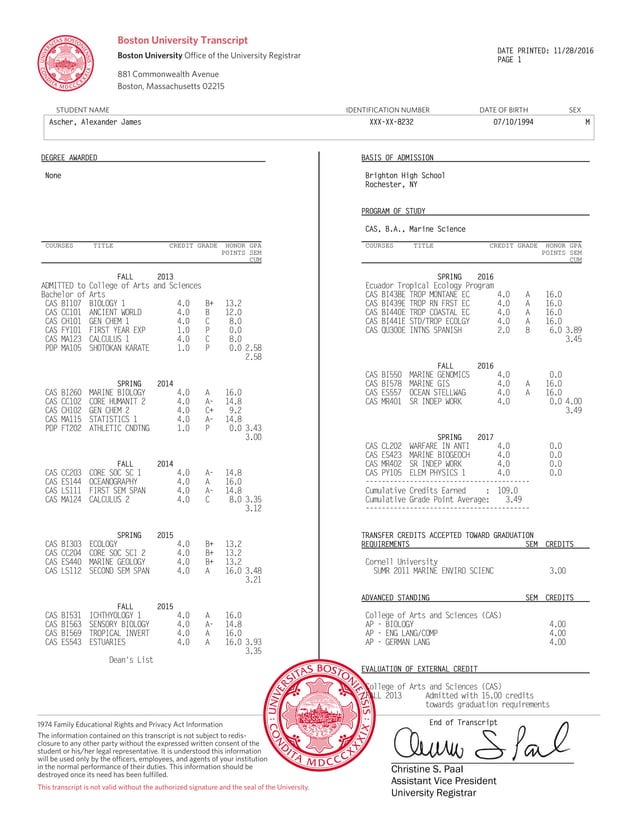 Boston University Marine Science Transcript PDF