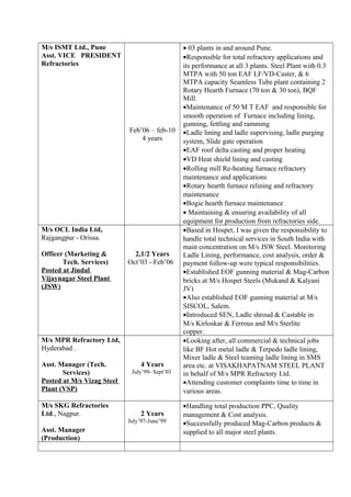 M/s ISMT Ltd., Pune
Asst. VICE PRESIDENT
Refractories
Feb’06 – feb-10
4 years
• 03 plants in and around Pune.
•Responsible for total refractory applications and
its performance at all 3 plants. Steel Plant with 0.3
MTPA with 50 ton EAF LF/VD-Caster, & 6
MTPA capacity Seamless Tube plant containing 2
Rotary Hearth Furnace (70 ton & 30 ton), BQF
Mill.
•Maintenance of 50 M T EAF and responsible for
smooth operation of Furnace including lining,
gunning, fettling and ramming
•Ladle lining and ladle supervising, ladle purging
system, Slide gate operation
•EAF roof delta casting and proper heating
•VD Heat shield lining and casting
•Rolling mill Re-heating furnace refractory
maintenance and applications
•Rotary hearth furnace relining and refractory
maintenance
•Bogie hearth furnace maintenance
• Maintaining & ensuring availability of all
equipment for production from refractories side.
M/s OCL India Ltd,
Rajgangpur - Orissa.
Officer (Marketing &
Tech. Services)
Posted at Jindal
Vijaynagar Steel Plant
(JSW)
2,1/2 Years
Oct’03 - Feb’06
•Based in Hospet, I was given the responsibility to
handle total technical services in South India with
main concentration on M/s JSW Steel. Monitoring
Ladle Lining, performance, cost analysis, order &
payment follow-up were typical responsibilities.
•Established EOF gunning material & Mag-Carbon
bricks at M/s Hospet Steels (Mukand & Kalyani
JV)
•Also established EOF gunning material at M/s
SISCOL, Salem.
•Introduced SEN, Ladle shroud & Castable in
M/s Kirloskar & Ferrous and M/s Sterlite
copper.
M/s MPR Refractory Ltd,
Hyderabad .
Asst. Manager (Tech.
Services)
Posted at M/s Vizag Steel
Plant (VSP)
4 Years
July’99- Sept’03
•Looking after, all commercial & technical jobs
like BF Hot metal ladle & Terpedo ladle lining,
Mixer ladle & Steel teaming ladle lining in SMS
area etc. at VISAKHAPATNAM STEEL PLANT
in behalf of M/s MPR Refractory Ltd.
•Attending customer complaints time to time in
various areas.
M/s SKG Refractories
Ltd., Nagpur.
Asst. Manager
(Production)
2 Years
July’97-June’99
•Handling total production PPC, Quality
management & Cost analysis.
•Successfully produced Mag-Carbon products &
supplied to all major steel plants.
 