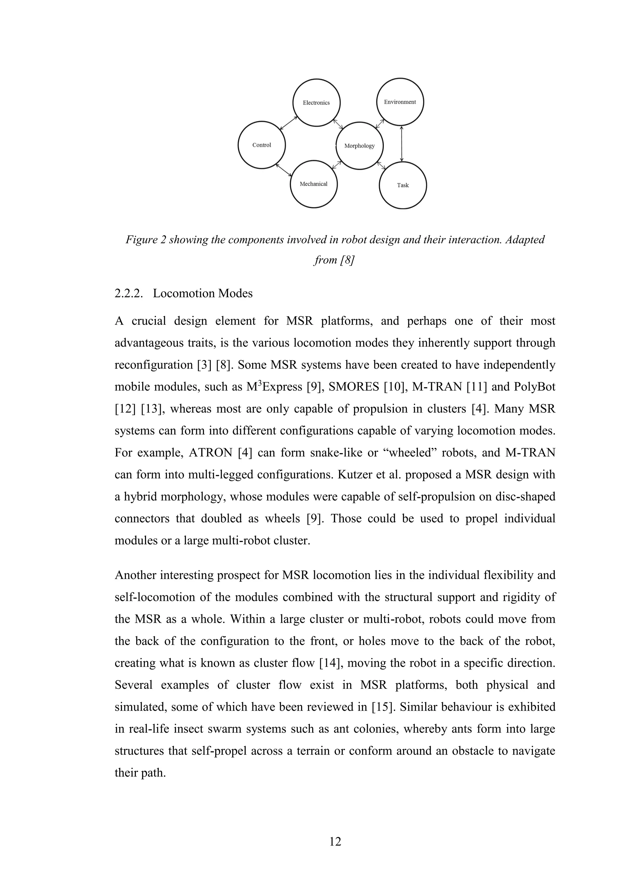 12
Figure 2 showing the components involved in robot design and their interaction. Adapted
from [8]
2.2.2. Locomotion Modes
A crucial design element for MSR platforms, and perhaps one of their most
advantageous traits, is the various locomotion modes they inherently support through
reconfiguration [3] [8]. Some MSR systems have been created to have independently
mobile modules, such as M3
Express [9], SMORES [10], M-TRAN [11] and PolyBot
[12] [13], whereas most are only capable of propulsion in clusters [4]. Many MSR
systems can form into different configurations capable of varying locomotion modes.
For example, ATRON [4] can form snake-like or “wheeled” robots, and M-TRAN
can form into multi-legged configurations. Kutzer et al. proposed a MSR design with
a hybrid morphology, whose modules were capable of self-propulsion on disc-shaped
connectors that doubled as wheels [9]. Those could be used to propel individual
modules or a large multi-robot cluster.
Another interesting prospect for MSR locomotion lies in the individual flexibility and
self-locomotion of the modules combined with the structural support and rigidity of
the MSR as a whole. Within a large cluster or multi-robot, robots could move from
the back of the configuration to the front, or holes move to the back of the robot,
creating what is known as cluster flow [14], moving the robot in a specific direction.
Several examples of cluster flow exist in MSR platforms, both physical and
simulated, some of which have been reviewed in [15]. Similar behaviour is exhibited
in real-life insect swarm systems such as ant colonies, whereby ants form into large
structures that self-propel across a terrain or conform around an obstacle to navigate
their path.
 
