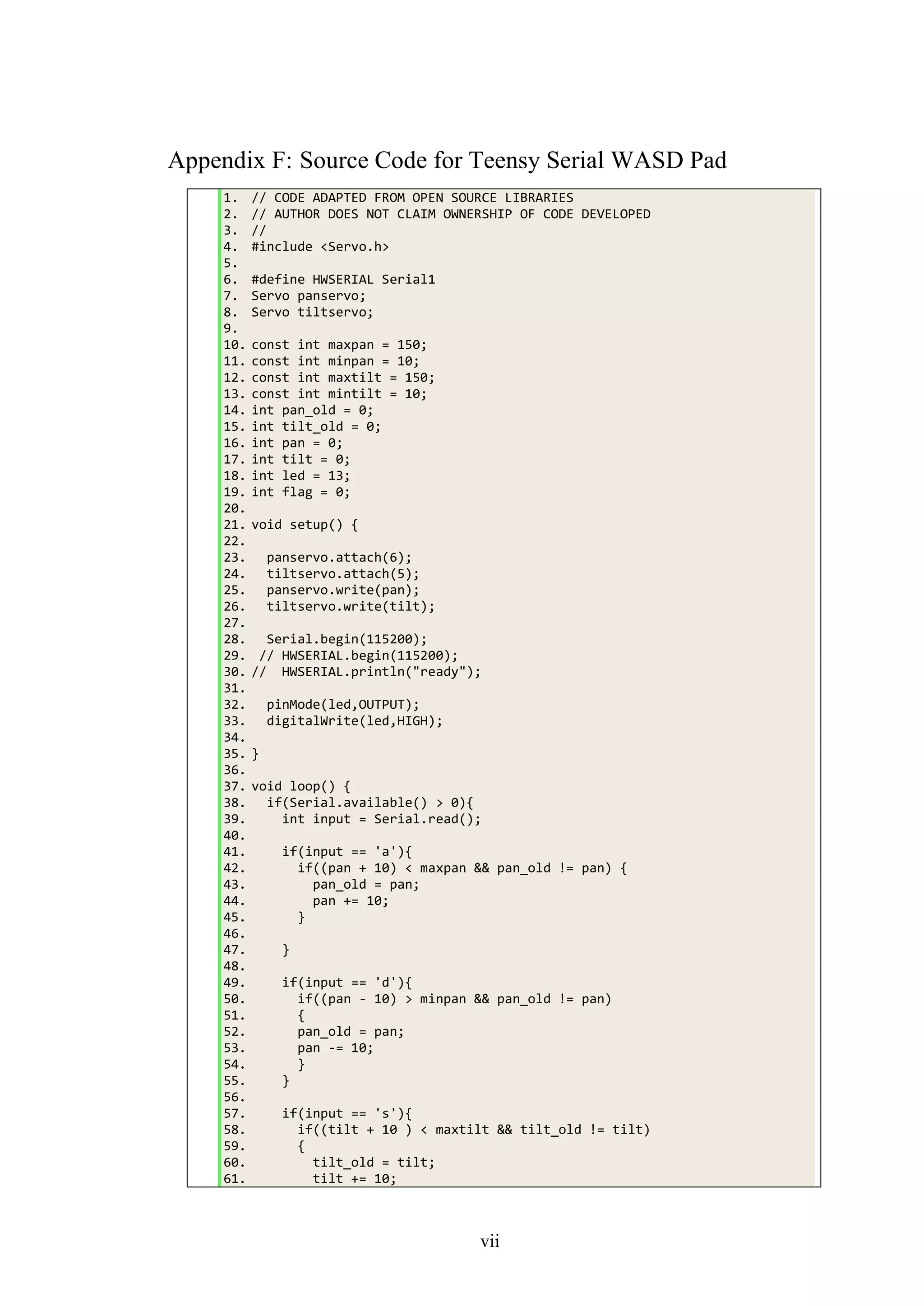 vii
Appendix F: Source Code for Teensy Serial WASD Pad
1. // CODE ADAPTED FROM OPEN SOURCE LIBRARIES
2. // AUTHOR DOES NOT CLAIM OWNERSHIP OF CODE DEVELOPED
3. //
4. #include <Servo.h>
5.
6. #define HWSERIAL Serial1
7. Servo panservo;
8. Servo tiltservo;
9.
10. const int maxpan = 150;
11. const int minpan = 10;
12. const int maxtilt = 150;
13. const int mintilt = 10;
14. int pan_old = 0;
15. int tilt_old = 0;
16. int pan = 0;
17. int tilt = 0;
18. int led = 13;
19. int flag = 0;
20.
21. void setup() {
22.
23. panservo.attach(6);
24. tiltservo.attach(5);
25. panservo.write(pan);
26. tiltservo.write(tilt);
27.
28. Serial.begin(115200);
29. // HWSERIAL.begin(115200);
30. // HWSERIAL.println("ready");
31.
32. pinMode(led,OUTPUT);
33. digitalWrite(led,HIGH);
34.
35. }
36.
37. void loop() {
38. if(Serial.available() > 0){
39. int input = Serial.read();
40.
41. if(input == 'a'){
42. if((pan + 10) < maxpan && pan_old != pan) {
43. pan_old = pan;
44. pan += 10;
45. }
46.
47. }
48.
49. if(input == 'd'){
50. if((pan - 10) > minpan && pan_old != pan)
51. {
52. pan_old = pan;
53. pan -= 10;
54. }
55. }
56.
57. if(input == 's'){
58. if((tilt + 10 ) < maxtilt && tilt_old != tilt)
59. {
60. tilt_old = tilt;
61. tilt += 10;
 