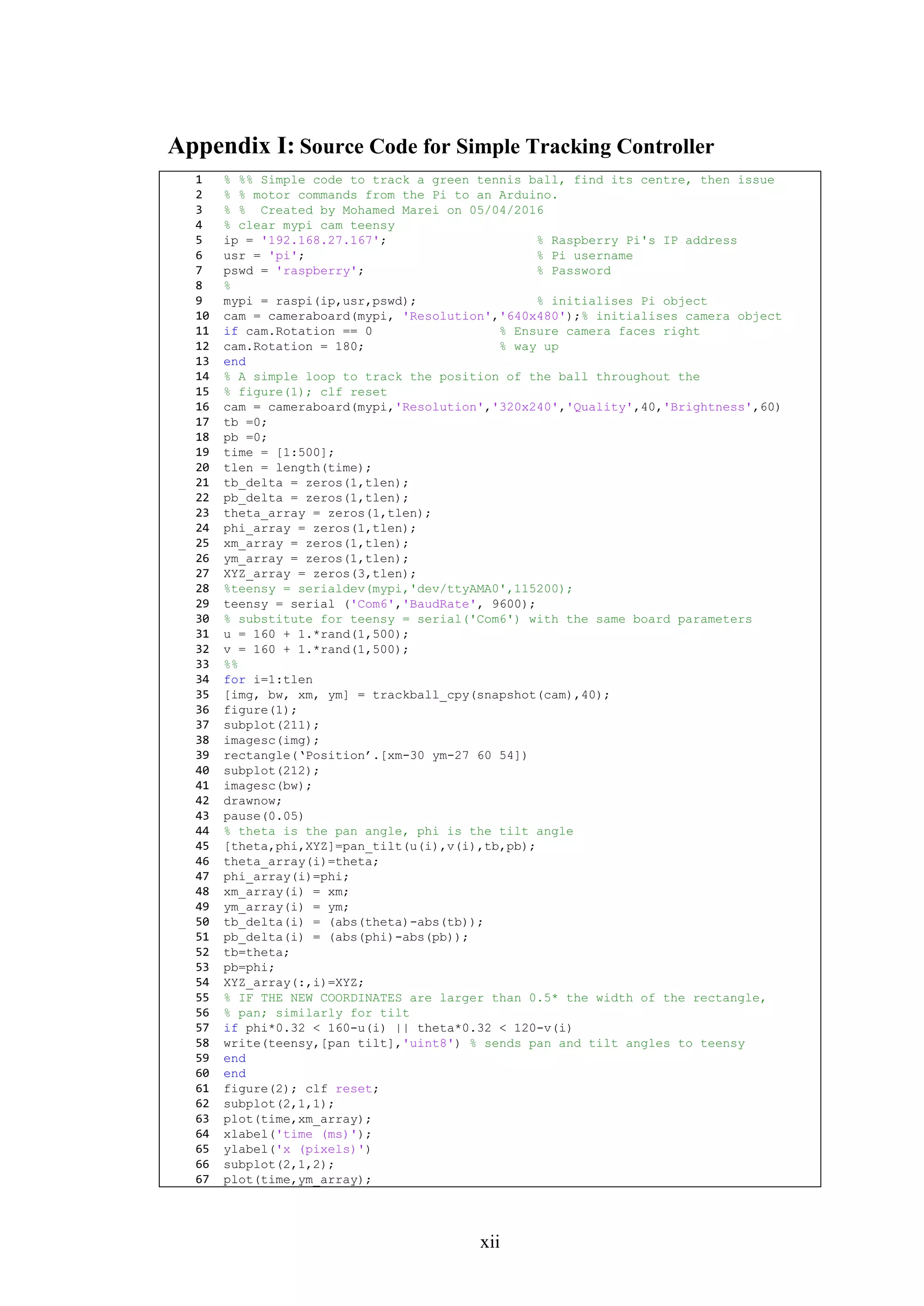 xii
Appendix I: Source Code for Simple Tracking Controller
1 % %% Simple code to track a green tennis ball, find its centre, then issue
2 % % motor commands from the Pi to an Arduino.
3 % % Created by Mohamed Marei on 05/04/2016
4 % clear mypi cam teensy
5 ip = '192.168.27.167'; % Raspberry Pi's IP address
6 usr = 'pi'; % Pi username
7 pswd = 'raspberry'; % Password
8 %
9 mypi = raspi(ip,usr,pswd); % initialises Pi object
10 cam = cameraboard(mypi, 'Resolution','640x480');% initialises camera object
11 if cam.Rotation == 0 % Ensure camera faces right
12 cam.Rotation = 180; % way up
13 end
14 % A simple loop to track the position of the ball throughout the
15 % figure(1); clf reset
16 cam = cameraboard(mypi,'Resolution','320x240','Quality',40,'Brightness',60)
17 tb =0;
18 pb =0;
19 time = [1:500];
20 tlen = length(time);
21 tb_delta = zeros(1,tlen);
22 pb_delta = zeros(1,tlen);
23 theta_array = zeros(1,tlen);
24 phi_array = zeros(1,tlen);
25 xm_array = zeros(1,tlen);
26 ym_array = zeros(1,tlen);
27 XYZ_array = zeros(3,tlen);
28 %teensy = serialdev(mypi,'dev/ttyAMA0',115200);
29 teensy = serial ('Com6','BaudRate', 9600);
30 % substitute for teensy = serial('Com6') with the same board parameters
31 u = 160 + 1.*rand(1,500);
32 v = 160 + 1.*rand(1,500);
33 %%
34 for i=1:tlen
35 [img, bw, xm, ym] = trackball_cpy(snapshot(cam),40);
36 figure(1);
37 subplot(211);
38 imagesc(img);
39 rectangle(‘Position’.[xm-30 ym-27 60 54])
40 subplot(212);
41 imagesc(bw);
42 drawnow;
43 pause(0.05)
44 % theta is the pan angle, phi is the tilt angle
45 [theta,phi,XYZ]=pan_tilt(u(i),v(i),tb,pb);
46 theta_array(i)=theta;
47 phi_array(i)=phi;
48 xm_array(i) = xm;
49 ym_array(i) = ym;
50 tb_delta(i) = (abs(theta)-abs(tb));
51 pb_delta(i) = (abs(phi)-abs(pb));
52 tb=theta;
53 pb=phi;
54 XYZ_array(:,i)=XYZ;
55 % IF THE NEW COORDINATES are larger than 0.5* the width of the rectangle,
56 % pan; similarly for tilt
57 if phi*0.32 < 160-u(i) || theta*0.32 < 120-v(i)
58 write(teensy,[pan tilt],'uint8') % sends pan and tilt angles to teensy
59 end
60 end
61 figure(2); clf reset;
62 subplot(2,1,1);
63 plot(time,xm_array);
64 xlabel('time (ms)');
65 ylabel('x (pixels)')
66 subplot(2,1,2);
67 plot(time,ym_array);
 