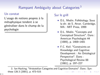 Rampant Ambiguity about Categories 3
Un constat
L’usage de notions propres à la
métaphysique tendent à se
généraliser dans le champ de la
psychologie
Sur le grill
• D.L. Medin. Folkbiology. Sous
la dir. de S. Atran. Cambridge,
MA : MIT Press, 1999
• D.L. Medin. "Concepts and
Conceptual Structure". Dans :
American Psychologist 44
(1989), p. 1469–1481
• F.C. Keil. "Constraints on
Knowledge and Cognitive
Development : An Ontological
Perspective". Dans :
Psychological Review 88
(1981), p. 197–227
3. Ian Hacking. "Aristotelian Categories and Cognitive Domains". Dans : Syn-
these 126.3 (2001), p. 473–515
5/ 1
 