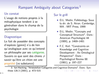 Rampant Ambiguity about Categories 3
Un constat
L’usage de notions propres à la
métaphysique tendent à se
généraliser dans le champ de la
psychologie
Diagnostique
Le fait de posséder des concepts
d’espèces (genre) n’a de lien
qu’analogique avec ce qu’entend
un philosophe par ses catégories.
Savoirs ce que sont des chiens =
savoir qu’être un chien est une
propriété (vs substance)
Sur le grill
• D.L. Medin. Folkbiology. Sous
la dir. de S. Atran. Cambridge,
MA : MIT Press, 1999
• D.L. Medin. "Concepts and
Conceptual Structure". Dans :
American Psychologist 44
(1989), p. 1469–1481
• F.C. Keil. "Constraints on
Knowledge and Cognitive
Development : An Ontological
Perspective". Dans :
Psychological Review 88
(1981), p. 197–227
3. Ian Hacking. "Aristotelian Categories and Cognitive Domains". Dans : Syn-
these 126.3 (2001), p. 473–515
5/ 1
 