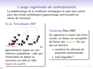 L’usage cognitiviste est anthropocentré
La problématique de la nivellation ontologique se pose tout autant
pour des entités synthétiques (apprentissage semi-encadré de
réseau de neurones)
Xu & Tennenbaum 2007
La
généralisation repose sur une
inférence probabiliste : celle que
l’échantillon de départ se
concentre sur telle ou telle
espace de qualité
Clustering Shea 2007
En apprenant à classer des stims
visuels, un réseau est susceptible
de former des clusters. On sait
que ces derniers
• constitue les véhicules de
propriétés phénoménales
• mais lesquelles ?
7/ 1
 