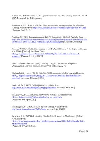 Anderson, J & Franceschi, H. 2012. Java Illuminated, an active learning approach. 3rd ed.
USA. Jones and Bartlett Learning


Anderson, P. 2007. What is Web 2.0? Ideas, technologies and implications for education
[Online]. Available from: http://www.jisc.ac.uk/media/documents/techwatch/tsw0701b.pdf
[Accessed April 2012].


Andriole, S.J. 2010. Business Impact of Web 2.0 Technologies [Online]. Available from:
http://web.ebscohost.com.remote.library.dcu.ie/ehost/pdfviewer/pdfviewer?vid=3&hid=21&s
id=45cf1a1d-c479-4831-b53e-7cd4ecc5f742%40sessionmgr14 [Accessed April 2012].


Arnold, R 2008, ‘What is the purpose of an IDL?’, Middleware Technologies, weblog post
April 2008. [Online]. Available from:
http://middlewares.wordpress.com/2008/04/28/corba-idl-questions-and-
answers/ [Accessed 18 April 2012]


Feld, C. and D. Stoddard (2004). Getting IT right: Towards an Integrated
Organization. Harvard Business Review. Vol. 82 Issue 2, 72-79


Highscalability, 2011. Web 2.0 Killed the Middleware Star [Online]. Available from:
http://highscalability.com/blog/2011/7/26/web-20-killed-the-middleware-
star.html [Accessed 16th April 2012]


Isode Ltd, 2012. XMPP PubSub [Online]. Available from:
http://www.isode.com/whitepapers/xmpp-pubsub.html [Accessed April 2012].


IT Discover, 2012. Middleware an Overview [Online]. Available from:
http://itdiscover.com/links/middleware_an_overview
[Accessed 16th April 2012]


IT Strategists 2011. Web 2.0 to 3.0 defined [Online]. Available from:
http://www.itstrategists.com/Web2-3.aspx [Accessed April 2012].


Jacobsen, H.A. 2007 Understanding Standards (with respect to Middleware) [Online]
Available from:
http://www.eecg.toronto.edu/~jacobsen/courses/ece1770/slides/Standards-in-
Middleware.pdf
[Accessed 16th April 2012).

                                                                               Page | 33
 