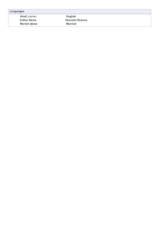 Languages
Hindi (native)
Father Name
Marital status
English
Heeralal Sharma
Married
 