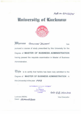 Gaurav Kumar - MBA Degree Certificate in English Language