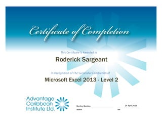 Roderick Sargeant
Microsoft Excel 2013 - Level 2
Bentley Beckles 14 April 2016
 