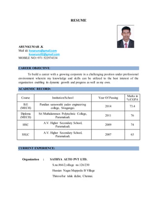 RESUME
ARUNKUMAR .K
Mail id: kvsaruns@gmail.com
kvsaruns92@gmail.com
MOBILE NO:+971 522974334
CAREER OBJECTIVE:
To build a career with a growing corporate in a challenging position under professional
environment wherein my knowledge and skills can be utilized to the best interest of the
organization enabling its dynamic growth and progress as well as my own.
ACADEMIC RECORD:
Course Institution/School Year Of Passing
Marks in
%/CGPA
B.E
(MECH)
Pandian saraswathi yadav engineering
college, Sivagangai.
2014 73.4
Diploma
(MECH)
Sri Muthalamman Polytechnic College,
Paramakudi.
2011 76
HSC
A.V. Higher Secondary School,
Paramakudi.
2009 74
SSLC
A.V. Higher Secondary School,
Paramakudi.
2007 63
CURRENT EXPERIENCE:
Organization : SATHYA AUTO PVT LTD.
S.no.866/2,village no.126/230
Hussian Nagar.Mappedu B Village
Thiruvallur taluk &dist, Chennai.
 