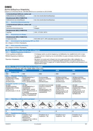 DIMIX
Δελτίο Δεδομένων Ασφαλείας
σύμφωνα με την Κανονισμό (ΕΚ) Αρ. 1907/2006 (REACH) και την τροπολογία του (ΕE) 2015/830
2/22/2016 EL (ελληνικά) 6/9
1,2-benzisothiazol-3(2H)-one, sodium salt
Ανθεκτικότητα και αποικοδόμηση Δεν είναι εύκολα βιοαποικοδομήσιμη.
Dimethomorph (ISO) (110488-70-5)
Ανθεκτικότητα και αποικοδόμηση Δεν είναι εύκολα βιοαποικοδομήσιμη.
12.3. Δυνατότητα βιοσυσσώρευσης
1,2-benzisothiazol-3(2H)-one, sodium salt
Log Pow 1.11
Δυνατότητα βιοσυσσώρευσης Ελαφριά.
Dimethomorph (ISO) (110488-70-5)
Log Pow 2.63 - 2.73 (E-Z, 20°C)
12.4. Κινητικότητα στο έδαφος
Dimethomorph (ISO) (110488-70-5)
Επιφανειακή τάση 60.8 mN/m (20 °C, 90% saturated aqueous solution)
12.5. Αποτελέσματα της αξιολόγησης PBT και vPvB
Δεν υπάρχουν επιπλέον πληροφορίες
12.6. Άλλες αρνητικές επιπτώσεις
Δεν υπάρχουν επιπλέον πληροφορίες
ΤΜΗΜΑ 13: Στοιχεία σχετικά με την απόρριψη
13.1. Μέθοδοι διαχείρισης αποβλήτων
Τοπική νομοθεσία (απόβλητα) : Η απόρριψη πρέπει να γίνεται σύμφωνα με τις διαδικασίες που προβλέπονται από το νόμο.
Μέθοδοι διαχείρισης αποβλήτων : Το υλικό αυτό και ο περιέκτης του να εναποτεθούν σε χώρο συλλογής επικινδύνων ή ειδικών
αποβλήτων.
Περαιτέρω πληροφορίες : Μη ρίχνετε την ουσία και/ή τα δοχεία τους στα επιφανειακά ύδατα. (Μην καθαρίζετε τις
συσκευές απεμπλοκής κοντά σε επιφανειακά ύδατα/ περιορίστε την έμμεση εισροή από τα
φρεάτια). Ειδοποιήστε τις αρχές εάν το προϊόν διεισδύσει στους αποχετευτικούς αγωγούς ή στο
δημόσιο δίκτυο νερού.
ΤΜΗΜΑ 14: Πληροφορίες σχετικά με τη μεταφορά
Σύμφωνα με τα ακόλουθα ADR / RID / ADNR / IMDG / ICAO / IATA
ADR IMDG IATA ADN RID
14.1. Αριθμός ΟΗΕ
3082 3082 3082 3082 3082
14.2. UN proper shipping name
ΠΕΡΙΒΑΛΛΟΝΤΙΚΑ
ΕΠΙΚΙΝΔΥΝΕΣ ΟΥΣΙΕΣ,
ΥΓΡΕΣ, Ε.Α.Ο.
(Dimethomorph)
ENVIRONMENTALLY
HAZARDOUS
SUBSTANCE, LIQUID,
N.O.S. (Dimethomorph)
Environmentally
hazardous substance,
liquid, n.o.s.
(Dimethomorph)
ΠΕΡΙΒΑΛΛΟΝΤΙΚΑ
ΕΠΙΚΙΝΔΥΝΕΣ ΟΥΣΙΕΣ,
ΥΓΡΕΣ, Ε.Α.Ο.
(Dimethomorph)
ΠΕΡΙΒΑΛΛΟΝΤΙΚΑ
ΕΠΙΚΙΝΔΥΝΕΣ ΟΥΣΙΕΣ,
ΥΓΡΕΣ, Ε.Α.Ο.
(Dimethomorph)
Περιγραφή εγγράφων μεταφοράς
UN 3082
ΠΕΡΙΒΑΛΛΟΝΤΙΚΑ
ΕΠΙΚΙΝΔΥΝΕΣ ΟΥΣΙΕΣ,
ΥΓΡΕΣ, Ε.Α.Ο.
(Dimethomorph), 9, III, (E)
UN 3082
ENVIRONMENTALLY
HAZARDOUS
SUBSTANCE, LIQUID,
N.O.S. (Dimethomorph), 9,
III, MARINE
POLLUTANT/ENVIRONM
ENTALLY HAZARDOUS
UN 3082 Environmentally
hazardous substance,
liquid, n.o.s.
(Dimethomorph), 9, III,
ENVIRONMENTALLY
HAZARDOUS
UN 3082
ΠΕΡΙΒΑΛΛΟΝΤΙΚΑ
ΕΠΙΚΙΝΔΥΝΕΣ ΟΥΣΙΕΣ,
ΥΓΡΕΣ, Ε.Α.Ο.
(Dimethomorph), 9, III,
ΕΠΙΚΊΝΔΥΝΑ ΓΙΑ ΤΟ
ΠΕΡΙΒΆΛΛΟΝ
UN 3082
ΠΕΡΙΒΑΛΛΟΝΤΙΚΑ
ΕΠΙΚΙΝΔΥΝΕΣ ΟΥΣΙΕΣ,
ΥΓΡΕΣ, Ε.Α.Ο.
(Dimethomorph), 9, III,
ΕΠΙΚΊΝΔΥΝΑ ΓΙΑ ΤΟ
ΠΕΡΙΒΆΛΛΟΝ
14.3. Τάξη/τάξεις κινδύνου κατά τη μεταφορά
9 9 9 9 9
14.4. Ομάδα συσκευασίας
III III III III III
14.5. Περιβαλλοντικοί κίνδυνοι
Επικίνδυνο για το
περιβάλλον : Ναι
Επικίνδυνο για το
περιβάλλον : Ναι
Μολυσματικός
παράγοντας για το υδάτινο
περιβάλλον : Ναι
Επικίνδυνο για το
περιβάλλον : Ναι
Επικίνδυνο για το
περιβάλλον : Ναι
Επικίνδυνο για το
περιβάλλον : Ναι
 