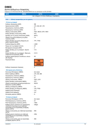 DIMIX
Δελτίο Δεδομένων Ασφαλείας
σύμφωνα με την Κανονισμό (ΕΚ) Αρ. 1907/2006 (REACH) και την τροπολογία του (ΕE) 2015/830
2/22/2016 EL (ελληνικά) 7/9
ADR IMDG IATA ADN RID
Δεν υπάρχουν επιπλέον διαθέσιμες πληροφορίες
14.6. Ειδικές προφυλάξεις για τον χρήστη
- Επίγεια μεταφορά
Κώδικας ταξινόμησης (ADR) : M6
Special provision (ADR) : 274, 335, 601, 375
Περιορισμένες ποσότητες (ADR) : 5l
Εξαιρούμενες ποσότητες (ADR) : E1
Οδηγίες συσκευασίας (ADR) : P001, IBC03, LP01, R001
Ειδικές διατάξεις συσκευασίας (ADR) : PP1
Διατάξεις για τις μεικτές συσκευασίες (ADR) : MP19
Οδηγίες για κινητές δεξαμενές και χύδην
περιέκτες (ADR)
: T4
Ειδικές διατάξεις για κινητές δεξαμενές και
χύδην περιέκτες (ADR)
: TP1, TP29
Κωδικός δεξαμενής (ADR) : LGBV
Όχημα για τη μεταφορά σε βυτίο : AT
Μεταφορική κατηγορία (ADR) : 3
Ειδικές διατάξεις για τη μεταφορά - Δέματα
(ADR)
: V12
Ειδικές διατάξεις για τη μεταφορά - Φόρτωση,
εκφόρτωση και χειρισμός (ADR)
: CV13
Κωδικός χαρακτηρισμού επικίνδυνων υλικών
(Νο Κέμλερ)
: 90
Πορτοκαλί δίσκοι :
Kώδικας περιορισμού σήραγγας : E
- Μεταφορά μέσω θαλάσσης
Κανονισμοί Μεταφορών (IMDG) : Δεν ισχύει
Ειδική πρόβλεψη (IMDG) : 274, 335, 969
Περιορισμένες ποσότητες (IMDG) : 5 L
Εξαιρούμενες ποσότητες (IMDG) : E1
Οδηγίες συσκευασίας (IMDG) : P001, LP01
Ειδικές διατάξεις συσκευασίας (IMDG) : PP1
Οδηγίες συσκευασίας εμπορευματοκιβωτίων-
δεξαμενών (κώδικας IMDG)
: IBC03
Οδηγίες για δεξαμενές (IMDG) : T4
Ειδικές διατάξεις για δεξαμενές (IMDG) : TP2, TP29
Αριθμός EmS (Πυρκαγιά) : F-A
Αριθμός EmS (Διαρροή) : S-F
Κατηγορίες φορτίων (IMDG) : A
- Εναέρια μεταφορά
Κανονισμοί Μεταφορών (IATA) : Δεν ισχύει
PCA Εξαιρούμενες ποσότητες (IATA) : E1
PCA Περιορισμένες ποσότητες (IATA) : Y964
Καθαρή μέγιστη ποσότητα για περιορισμένη
ποσότητα επιτρεπόμενη για επιβατηγά
αεροσκάφη και για αεροσκάφη μεταφοράς
φορτίου (ΙΑΤΑ)
: 30kgG
Οδηγίες συσκευασίας για επιβατηγά αεροσκάφη
(ΙΑΤΑ)
: 964
Καθαρή μέγιστη ποσότητα για επιβατηγά
αεροσκάφη και για αεροσκάφη μεταφοράς
φορτίου (ΙΑΤΑ)
: 450L
Οδηγίες συσκευασίας μόνο για αεροσκάφη
μεταφοράς φορτίου (ΙΑΤΑ)
: 964
 