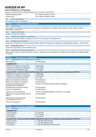 AGRIZEB 80 WP
Δελτίο Δεδομένων Ασφαλείας
σύμφωνα με την Κανονισμό (ΕΚ) Αρ. 1907/2006 (REACH) και την τροπολογία του (ΕE) 2015/830
2/22/2016 EL (ελληνικά) 5/10
Οξειδωτικά χαρακτηριστικά : Δεν υπάρχουν διαθέσιμα στοιχεία
Εκρηκτικά όρια : Δεν υπάρχουν διαθέσιμα στοιχεία
9.2. Άλλες πληροφορίες
Δεν υπάρχουν επιπλέον πληροφορίες
ΤΜΗΜΑ 10: Σταθερότητα και δραστικότητα
10.1. Δραστικότητα
Όταν εκτίθεται σε υψηλή θερμοκρασία μπορεί να διασπαστεί απελευθερώνοντας επικίνδυνα αέρια. Οξείδιο του θείου. οξείδιο του αζώτου.
διθειάνθρακας. μερκαπτάνιο.
10.2. Χημική σταθερότητα
Σταθερό υπό κανονικές συνθήκες.
10.3. Πιθανότητα επικίνδυνων αντιδράσεων
Κανένας υπό κανονικές συνθήκες. Ανατρέξτε στην ενότητα 10.1 σχετικά με την αντιδραστικότητα.
10.4. Συνθήκες προς αποφυγήν
Προφυλάξτε από θερμότητα και άμεση ηλιακή ακτινοβολία. Μακριά από θερμότητα/σπινθήρες/γυμνές φλόγες/θερμές επιφάνειες. - Μην καπνίζετε.
10.5. Μη συμβατά υλικά
Δυνατό οξύ. Ισχυρές βάσεις. Ισχυρά οξειδωτικά μέσα.
10.6. Επικίνδυνα προϊόντα αποσύνθεσης
Όταν θερμαίνεται μέχρι του σημείου διάσπασης, εκπέμπει επικίνδυνους καπνούς. διοξείδιο του άνθρακα (CO2). Μονοξείδιο του άνθρακα. Οξείδιο
του αζώτου.
ΤΜΗΜΑ 11: Τοξικολογικές πληροφορίες
11.1. Πληροφορίες για τις τοξικολογικές επιπτώσεις
Οξεία τοξικότητα : Μη ταξινομημένο
AGRIZEB 80 WP
LD50 από του στόματος σε αρουραίους ≥ 2000 mg/kg
LD50 μέσω του δέρματος σε αρουραίους ≥ 2000 mg/kg
LC50 εισπνοής σε αρουραίους (mg/l) ≥ 2.7 mg/l/4h
mancozeb (ISO) ; σύμπλοκο αιθυλενοδις(διθειοκαρβαμιδικού) μαγγανίου (πολυμερές) με άλας ψευδαργύρου (8018-01-7)
LD50 από του στόματος σε αρουραίους ≥ 5000 mg/kg
LD50 μέσω του δέρματος σε αρουραίους ≥ 5000 mg/kg
LC50 εισπνοής σε αρουραίους (mg/l) ≥ 5.14 mg/l
διάβρωση και ερεθισμός του δέρματος : Μη ταξινομημένο
διάβρωση και ερεθισμός του δέρματος : Μη ταξινομημένο
Aναπνευστική ευαισθητοποίηση ή
ευαισθητοποίηση του δέρματος
: Μπορεί να προκαλέσει αλλεργική δερματική αντίδραση.
Mεταλλαξιγένεση γεννητικών κυττάρων : Μη ταξινομημένο
Ικανότητα καρκινογένεσης : Μη ταξινομημένο
Tοξικότητα για την αναπαραγωγή· : Ύποπτο για πρόκληση βλάβης στη γονιμότητα ή στο έμβρυο.
Τοξικότητα για στοχευμένα όργανα (εφάπαξ
έκθεση)
: Μη ταξινομημένο
Τοξικότητα για στοχευμένα όργανα
(επαναλαμβανόμενη έκθεση)
: Μη ταξινομημένο
Tοξικότητα αναρρόφησης : Μη ταξινομημένο
ΤΜΗΜΑ 12: Οικολογικές πληροφορίες
12.1. Τοξικότητα
AGRIZEB 80 WP
LC50 στα ψάρια 1 0.11 mg/l 96h
EC50 Δάφνιες 1 0.014 mg/l 48h
ErC50 (φύκια ) 0.18 mg/l 72h
mancozeb (ISO) ; σύμπλοκο αιθυλενοδις(διθειοκαρβαμιδικού) μαγγανίου (πολυμερές) με άλας ψευδαργύρου (8018-01-7)
LC50 στα ψάρια 1 < 1 mg/l (96h Salmo gairdneri)
EC50 Δάφνιες 1 < 1 mg/l (48h Daphnia magna)
ErC50 (φύκια ) < 1 mg/l (72h Selenastrum capricornutum)
 