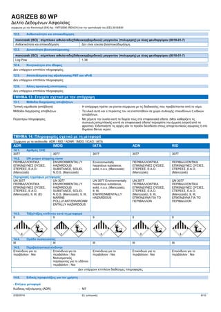 AGRIZEB 80 WP
Δελτίο Δεδομένων Ασφαλείας
σύμφωνα με την Κανονισμό (ΕΚ) Αρ. 1907/2006 (REACH) και την τροπολογία του (ΕE) 2015/830
2/22/2016 EL (ελληνικά) 6/10
12.2. Ανθεκτικότητα και αποικοδόμηση
mancozeb (ISO) ; σύμπλοκο αιθυλενοδις(διθειοκαρβαμιδικού) μαγγανίου (πολυμερές) με άλας ψευδαργύρου (8018-01-7)
Ανθεκτικότητα και αποικοδόμηση Δεν είναι εύκολα βιοαποικοδομήσιμη.
12.3. Δυνατότητα βιοσυσσώρευσης
mancozeb (ISO) ; σύμπλοκο αιθυλενοδις(διθειοκαρβαμιδικού) μαγγανίου (πολυμερές) με άλας ψευδαργύρου (8018-01-7)
Log Pow 1.38
12.4. Κινητικότητα στο έδαφος
Δεν υπάρχουν επιπλέον πληροφορίες
12.5. Αποτελέσματα της αξιολόγησης PBT και vPvB
Δεν υπάρχουν επιπλέον πληροφορίες
12.6. Άλλες αρνητικές επιπτώσεις
Δεν υπάρχουν επιπλέον πληροφορίες
ΤΜΗΜΑ 13: Στοιχεία σχετικά με την απόρριψη
13.1. Μέθοδοι διαχείρισης αποβλήτων
Τοπική νομοθεσία (απόβλητα) : Η απόρριψη πρέπει να γίνεται σύμφωνα με τις διαδικασίες που προβλέπονται από το νόμο.
Μέθοδοι διαχείρισης αποβλήτων : Το υλικό αυτό και ο περιέκτης του να εναποτεθούν σε χώρο συλλογής επικινδύνων ή ειδικών
αποβλήτων.
Περαιτέρω πληροφορίες : Μη ρίχνετε την ουσία και/ή τα δοχεία τους στα επιφανειακά ύδατα. (Μην καθαρίζετε τις
συσκευές απεμπλοκής κοντά σε επιφανειακά ύδατα/ περιορίστε την έμμεση εισροή από τα
φρεάτια). Ειδοποιήστε τις αρχές εάν το προϊόν διεισδύσει στους αποχετευτικούς αγωγούς ή στο
δημόσιο δίκτυο νερού.
ΤΜΗΜΑ 14: Πληροφορίες σχετικά με τη μεταφορά
Σύμφωνα με τα ακόλουθα ADR / RID / ADNR / IMDG / ICAO / IATA
ADR IMDG IATA ADN RID
14.1. Αριθμός ΟΗΕ
3077 3077 3077 3077 3077
14.2. UN proper shipping name
ΠΕΡΙΒΑΛΛΟΝΤΙΚΑ
ΕΠΙΚΙΝΔΥΝΕΣ ΟΥΣΙΕΣ,
ΣΤΕΡΕΕΣ, Ε.Α.Ο.
(Mancozeb)
ENVIRONMENTALLY
HAZARDOUS
SUBSTANCE, SOLID,
N.O.S. (Mancozeb)
Environmentally
hazardous substance,
solid, n.o.s. (Mancozeb)
ΠΕΡΙΒΑΛΛΟΝΤΙΚΑ
ΕΠΙΚΙΝΔΥΝΕΣ ΟΥΣΙΕΣ,
ΣΤΕΡΕΕΣ, Ε.Α.Ο.
(Mancozeb)
ΠΕΡΙΒΑΛΛΟΝΤΙΚΑ
ΕΠΙΚΙΝΔΥΝΕΣ ΟΥΣΙΕΣ,
ΣΤΕΡΕΕΣ, Ε.Α.Ο.
(Mancozeb)
Περιγραφή εγγράφων μεταφοράς
UN 3077
ΠΕΡΙΒΑΛΛΟΝΤΙΚΑ
ΕΠΙΚΙΝΔΥΝΕΣ ΟΥΣΙΕΣ,
ΣΤΕΡΕΕΣ, Ε.Α.Ο.
(Mancozeb), 9, III, (E)
UN 3077
ENVIRONMENTALLY
HAZARDOUS
SUBSTANCE, SOLID,
N.O.S. (Mancozeb), 9, III,
MARINE
POLLUTANT/ENVIRONM
ENTALLY HAZARDOUS
UN 3077 Environmentally
hazardous substance,
solid, n.o.s. (Mancozeb),
9, III,
ENVIRONMENTALLY
HAZARDOUS
UN 3077
ΠΕΡΙΒΑΛΛΟΝΤΙΚΑ
ΕΠΙΚΙΝΔΥΝΕΣ ΟΥΣΙΕΣ,
ΣΤΕΡΕΕΣ, Ε.Α.Ο.
(Mancozeb), 9, III,
ΕΠΙΚΊΝΔΥΝΑ ΓΙΑ ΤΟ
ΠΕΡΙΒΆΛΛΟΝ
UN 3077
ΠΕΡΙΒΑΛΛΟΝΤΙΚΑ
ΕΠΙΚΙΝΔΥΝΕΣ ΟΥΣΙΕΣ,
ΣΤΕΡΕΕΣ, Ε.Α.Ο.
(Mancozeb), 9, III,
ΕΠΙΚΊΝΔΥΝΑ ΓΙΑ ΤΟ
ΠΕΡΙΒΆΛΛΟΝ
14.3. Τάξη/τάξεις κινδύνου κατά τη μεταφορά
9 9 9 9 9
14.4. Ομάδα συσκευασίας
III III III III III
14.5. Περιβαλλοντικοί κίνδυνοι
Επικίνδυνο για το
περιβάλλον : Ναι
Επικίνδυνο για το
περιβάλλον : Ναι
Μολυσματικός
παράγοντας για το υδάτινο
περιβάλλον : Ναι
Επικίνδυνο για το
περιβάλλον : Ναι
Επικίνδυνο για το
περιβάλλον : Ναι
Επικίνδυνο για το
περιβάλλον : Ναι
Δεν υπάρχουν επιπλέον διαθέσιμες πληροφορίες
14.6. Ειδικές προφυλάξεις για τον χρήστη
- Επίγεια μεταφορά
Κώδικας ταξινόμησης (ADR) : M7
 