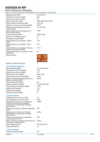 AGRIZEB 80 WP
Δελτίο Δεδομένων Ασφαλείας
σύμφωνα με την Κανονισμό (ΕΚ) Αρ. 1907/2006 (REACH) και την τροπολογία του (ΕE) 2015/830
2/22/2016 EL (ελληνικά) 7/10
Special provision (ADR) : 274, 335, 601
Περιορισμένες ποσότητες (ADR) : 5kg
Εξαιρούμενες ποσότητες (ADR) : E1
Οδηγίες συσκευασίας (ADR) : P002, IBC08, LP02, R001
Ειδικές διατάξεις συσκευασίας (ADR) : PP12, B3
Διατάξεις για τις μεικτές συσκευασίες (ADR) : MP10
Οδηγίες για κινητές δεξαμενές και χύδην
περιέκτες (ADR)
: T1, BK1, BK2
Ειδικές διατάξεις για κινητές δεξαμενές και
χύδην περιέκτες (ADR)
: TP33
Κωδικός δεξαμενής (ADR) : SGAV, LGBV
Όχημα για τη μεταφορά σε βυτίο : AT
Μεταφορική κατηγορία (ADR) : 3
Ειδικές διατάξεις για τη μεταφορά - Δέματα
(ADR)
: V13
Ειδικές διατάξεις για τη μεταφορά - Χύδην
(ADR)
: VV1
Ειδικές διατάξεις για τη μεταφορά - Φόρτωση,
εκφόρτωση και χειρισμός (ADR)
: CV13
Κωδικός χαρακτηρισμού επικίνδυνων υλικών
(Νο Κέμλερ)
: 90
Πορτοκαλί δίσκοι :
Kώδικας περιορισμού σήραγγας : E
- Μεταφορά μέσω θαλάσσης
Ειδική πρόβλεψη (IMDG) : 274, 335, 966, 967
Περιορισμένες ποσότητες (IMDG) : 5 kg
Εξαιρούμενες ποσότητες (IMDG) : E1
Οδηγίες συσκευασίας (IMDG) : P002, LP02
Ειδικές διατάξεις συσκευασίας (IMDG) : PP12
Οδηγίες συσκευασίας εμπορευματοκιβωτίων-
δεξαμενών (κώδικας IMDG)
: IBC08
Ειδικές διατάξεις IBC (IMDG) : B3
Οδηγίες για δεξαμενές (IMDG) : T1, BK1, BK2, BK3
Ειδικές διατάξεις για δεξαμενές (IMDG) : TP33
Αριθμός EmS (Πυρκαγιά) : F-A
Αριθμός EmS (Διαρροή) : S-F
Κατηγορίες φορτίων (IMDG) : A
- Εναέρια μεταφορά
PCA Εξαιρούμενες ποσότητες (IATA) : E1
PCA Περιορισμένες ποσότητες (IATA) : Y956
Καθαρή μέγιστη ποσότητα για περιορισμένη
ποσότητα επιτρεπόμενη για επιβατηγά
αεροσκάφη και για αεροσκάφη μεταφοράς
φορτίου (ΙΑΤΑ)
: 30kgG
Οδηγίες συσκευασίας για επιβατηγά αεροσκάφη
(ΙΑΤΑ)
: 956
Καθαρή μέγιστη ποσότητα για επιβατηγά
αεροσκάφη και για αεροσκάφη μεταφοράς
φορτίου (ΙΑΤΑ)
: 400kg
Οδηγίες συσκευασίας μόνο για αεροσκάφη
μεταφοράς φορτίου (ΙΑΤΑ)
: 956
Μέγιστη ποσότητα μεταφοράς αποκλειστικά από
αεροσκάφη μεταφοράς φορτίου
: 400kg
Ειδική πρόβλεψη (ΙΑΤΑ) : A97, A158, A179
Κωδικός ERG (IATA) : 9L
- Ποτάμια μεταφορά
Κωδικός ταξινόμησης (ADN) : M7
 