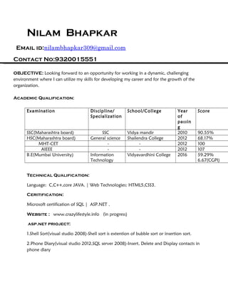Nilam Bhapkar
Email id:nilambhapkar309@gmail.com
Contact No:9320015551
OBJECTIVE: Looking forward to an opportunity for working in a dynamic, challenging
environment where I can utilize my skills for developing my career and for the growth of the
organization.
Academic Qualification:
Examination Discipline/
Specialization
School/College Year
of
passin
g
Score
SSC(Maharashtra board) SSC Vidya mandir 2010 90.55%
HSC(Maharashtra board) General science Shailendra College 2012 68.17%
MHT-CET - - 2012 100
AIEEE - - 2012 107
B.E(Mumbai University) Information
Technology
Vidyavardhini College 2016 59.29%
6.67(CGPI)
Technical Qualification:
Language: C,C++,core JAVA. | Web Technologies: HTML5,CSS3.
Ceritification:
Microsoft certification of SQL | ASP.NET .
Website : www.crazylifestyle.info (in progress)
asp.net prioject:
1.Shell Sort(visual studio 2008)-Shell sort is extention of bubble sort or insertion sort.
2.Phone Diary(visual studio 2012,SQL server 2008)-Insert, Delete and Display contacts in
phone diary
 