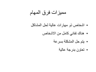 ‫المهام‬ ‫فرق‬ ‫مميزات‬
•
‫المشاكل‬ ‫لحل‬ ‫عالية‬ ‫مهارات‬ ‫ذو‬ ‫اشخاص‬
•
‫االشخاص‬ ‫من‬ ‫كامل‬ ‫تفاني‬ ‫هناك‬
•
‫بسرعة‬ ‫المشكلة‬ ‫حل‬ ‫يتم‬
•
‫عالية‬ ‫بدرجة‬ ‫تعاون‬
 