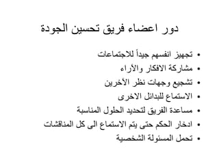‫الجودة‬ ‫تحسين‬ ‫فريق‬ ‫اعضاء‬ ‫دور‬
•
‫لالجتماعات‬ ‫جيدا‬ ‫انفسهم‬ ‫تجهيز‬
•
‫واآلراء‬ ‫االفكار‬ ‫مشاركة‬
•
‫اآلخرين‬ ‫نظر‬ ‫وجهات‬ ‫تشجيع‬
•
‫االخرى‬ ‫للبدائل‬ ‫االستماع‬
•
‫المناسبة‬ ‫الحلول‬ ‫لتحديد‬ ‫الفريق‬ ‫مساعدة‬
•
‫المناقشات‬ ‫كل‬ ‫الى‬ ‫االستماع‬ ‫يتم‬ ‫حتى‬ ‫الحكم‬ ‫ادخار‬
•
‫الشخصية‬ ‫المسئولة‬ ‫تحمل‬
 