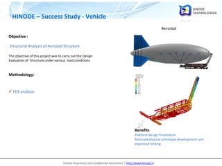 Hinode Proprietary and Confidential Information | http://www.hinode.in
HINODE – Success Study - Vehicle
Objective :
Structural Analysis of Aerostat Structure
The objective of this project was to carry out the Design
Evaluation of Structure under various load conditions
Methodology:
 FEA analysis
Benefits
Platform design finalization
Reduced physical prototype development and
expensive testing .
Aerostat
 