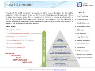 Hinode Proprietary and Confidential Information | http://www.hinode.in
Throughout the world, competitive pressures are totally focused to reduce the concept-to-
production timeline for system design and development. As companies and suppliers are driven
to reduce development costs, there is a requirement for them to increase product quality as
well. To accommodate these requirements, engineers and designers need the capability to
evaluate design alternatives early in the design process prior to committing large amounts of
resources and time to prototype build, and test.
Clients’ Benefit :
 Reduced Time to Market
 Product Cost Reduction No Prototype Virtual Development
 Enhancing Product Performances
 Reliability Targets met at Start of Production
 Warranty Costs Reduced
 Development Productivity ROI
INNOVATIVE
ENGINEERING
WITH
COMPUTER AIDED
ENGINEERING
 Virtual Prototyping
 Coupled Simulation
 Multi Body Dynamics
 Finite Element Analysis
 CFD Analysis
 NVH evaluation
 Design Optimization
 Durability and Fatigue
 Controller Simulation
 Crash Analysis
 Mechanism Analysis
 Assembly Error estimation
 Design Tool development
SKILL SET
Analysis & Simulation
 