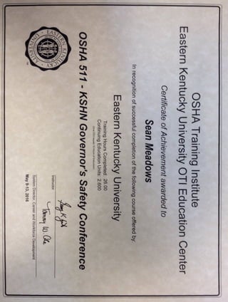 OSHA 511 Certificate Sean Meadowsrot