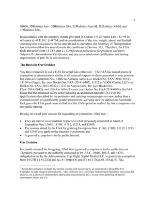 2
S1000, 3DRobitics Iris+, 3DRobitics X8+, 3DRobitics Aero‐M, 3DRobitics X8‐M, and
3DRobitics Solo.
In accordance with the statutory criteria provided in Section 333 of Public Law 112−95 in
reference to 49 U.S.C. § 44704, and in consideration of the size, weight, speed, and limited
operating area associated with the aircraft and its operation, the Secretary of Transportation
has determined that this aircraft meets the conditions of Section 333. Therefore, the FAA
finds that relief from 14 CFR part 21, Certification procedures for products and parts,
Subpart H—Airworthiness Certificates, and any associated noise certification and testing
requirements of part 36, is not necessary.
The Basis for Our Decision
You have requested to use a UAS for aerial data collection1
. The FAA has issued grants of
exemption in circumstances similar in all material respects to those presented in your petition.
In Grants of Exemption Nos. 11062 to Astraeus Aerial (see Docket No. FAA−2014−0352),
11109 to Clayco, Inc. (see Docket No. FAA−2014−0507), 11112 to VDOS Global, LLC (see
Docket No. FAA−2014−0382), 11213 to Aeryon Labs, Inc. (see Docket No.
FAA−2014−0642), and 12645 to Allied Drones (see Docket No. FAA-2014-0804), the FAA
found that the enhanced safety achieved using an unmanned aircraft (UA) with the
specifications described by the petitioner and carrying no passengers or crew, rather than a
manned aircraft of significantly greater proportions, carrying crew in addition to flammable
fuel, gives the FAA good cause to find that the UAS operation enabled by this exemption is in
the public interest.
Having reviewed your reasons for requesting an exemption, I find that—
 They are similar in all material respects to relief previously requested in Grant of
Exemption Nos. 11062, 11109, 11112, 11213, and 12645;
 The reasons stated by the FAA for granting Exemption Nos. 11062, 11109, 11112, 11213,
and 12645 also apply to the situation you present; and
 A grant of exemption is in the public interest.
Our Decision
In consideration of the foregoing, I find that a grant of exemption is in the public interest.
Therefore, pursuant to the authority contained in 49 U.S.C. 106(f), 40113, and 44701,
delegated to me by the Administrator, Top Flight Digital Media LLC. is granted an exemption
from 14 CFR §§ 61.23(a) and (c), 61.101(e)(4) and (5), 61.113(a), 61.315(a), 91.7(a),
1
Aerial data collection includes any remote sensing and measuring by an instrument(s) aboard the UA.
Examples include imagery (photography, video, infrared, etc.), electronic measurement (precision surveying, RF
analysis, etc.), chemical measurement (particulate measurement, etc.), or any other gathering of data by
instruments aboard the UA.
 