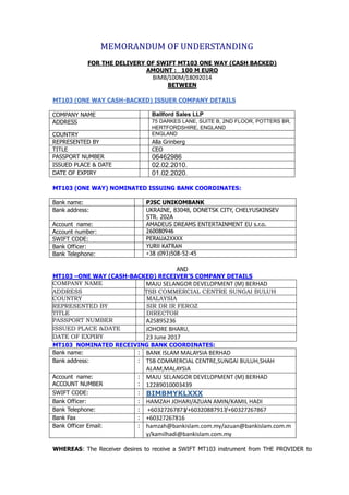 MEMORANDUM OF UNDERSTANDING
FOR THE DELIVERY OF SWIFT MT103 ONE WAY (CASH BACKED)
AMOUNT : 100 M EURO
BIMB/100M/18092014
BETWEEN
MT103 (ONE WAY CASH-BACKED) ISSUER COMPANY DETAILS
COMPANY NAME Ballford Sales LLP
ADDRESS 75 DARKES LANE, SUITE B, 2ND FLOOR, POTTERS BR,
HERTFORDSHIRE, ENGLAND
COUNTRY ENGLAND
REPRESENTED BY Alla Grinberg
TITLE CEO
PASSPORT NUMBER 06462986
ISSUED PLACE & DATE 02.02.2010.
DATE OF EXPIRY 01.02.2020.
MT103 (ONE WAY) NOMINATED ISSUING BANK COORDINATES:
Bank name: PJSC UNIKOMBANK
Bank address: UKRAINE, 83048, DONETSK CITY, CHELYUSKINSEV
STR. 202A
Account name: AMADEUS DREAMS ENTERTAINMENT EU s.r.o.
Account number: 260080946
SWIFT CODE: PERAUA2XXXX
Bank Officer: YURII KATRAN
Bank Telephone: +38 (093)508-52-45
AND
MT103 –ONE WAY (CASH-BACKED) RECEIVER’S COMPANY DETAILS
COMPANY NAME MAJU SELANGOR DEVELOPMENT (M) BERHAD
ADDRESS TSB COMMERCIAL CENTRE SUNGAI BULUH
COUNTRY MALAYSIA
REPRESENTED BY SIR DR IR FEROZ
TITLE DIRECTOR
PASSPORT NUMBER A25895236
ISSUED PLACE &DATE JOHORE BHARU,
DATE OF EXPIRY 23 June 2017
MT103 NOMINATED RECEIVING BANK COORDINATES:
Bank name: : BANK ISLAM MALAYSIA BERHAD
Bank address: : TSB COMMERCIAL CENTRE,SUNGAI BULUH,SHAH
ALAM,MALAYSIA
Account name:
ACCOUNT NUMBER
:
:
MAJU SELANGOR DEVELOPMENT (M) BERHAD
12289010003439
SWIFT CODE: : BIMBMYKLXXX
Bank Officer: : HAMZAH JOHARI/AZUAN AMIN/KAMIL HADI
Bank Telephone: : +60327267873/+60320887917/+60327267867
Bank Fax : +60327267816
Bank Officer Email: : hamzah@bankislam.com.my/azuan@bankislam.com.m
y/kamilhadi@bankislam.com.my
WHEREAS: The Receiver desires to receive a SWIFT MT103 instrument from THE PROVIDER to
 