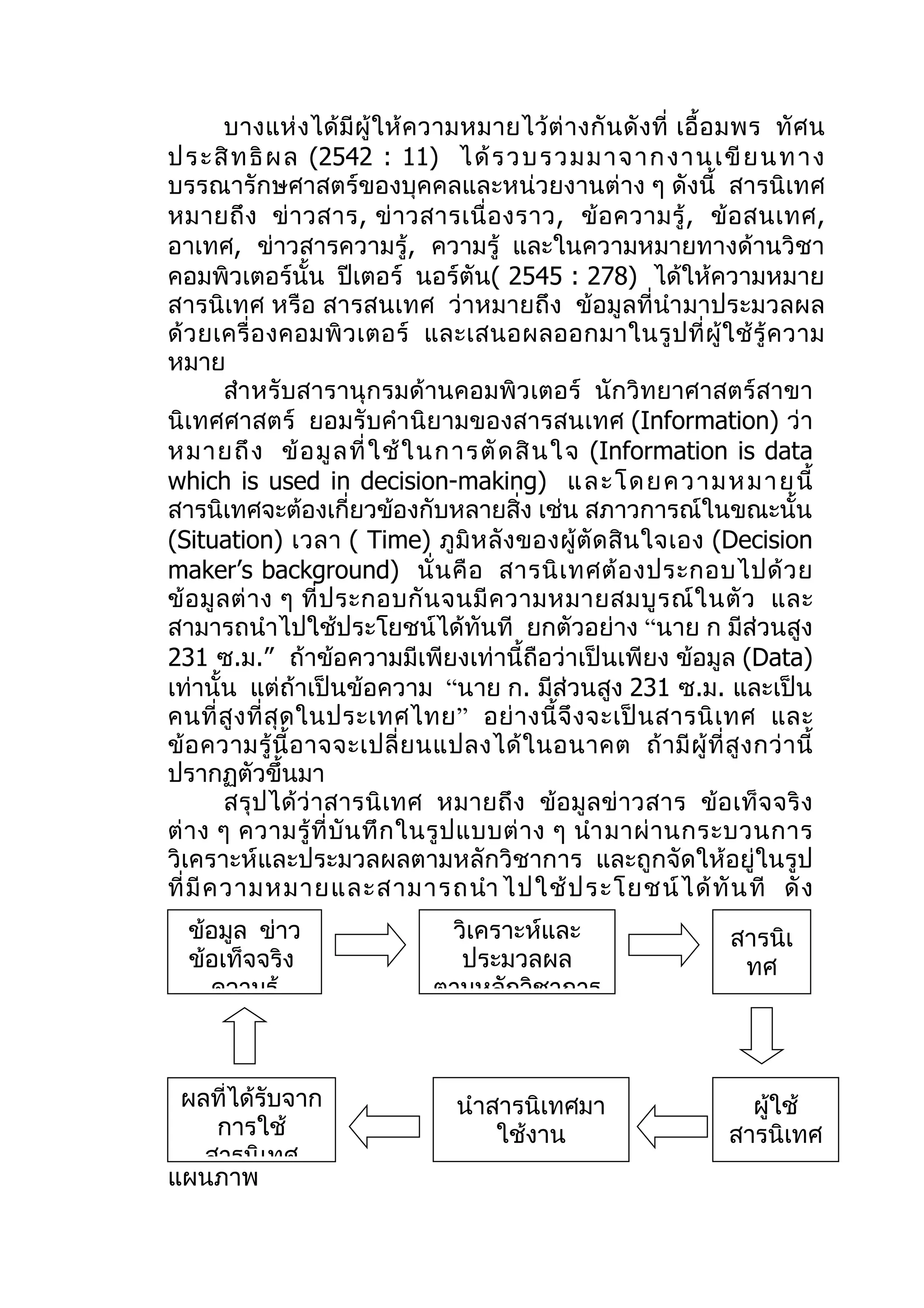 บางแห่ ง ได้ มี ผู้ ให้ ค วามหมายไว้ ต่ า งกั น ดั ง ที่ เอื้ อ มพร ทั ศ น
ปร ะสิ ท ธิ ผ ล (2542 : 11) ได้ ร ว บร ว ม ม าจ าก งาน เขี ย น ท า ง
บรรณารักษศาสตร์ของบุคคลและหน่วยงานต่าง ๆ ดังนี้ สารนิเทศ
หมายถึ ง ข่ า วสาร, ข่ า วสารเนื่ อ งราว, ข้ อ ความรู้ , ข้ อ สนเทศ,
อาเทศ, ข่าวสารความรู้, ความรู้ และในความหมายทางด้านวิชา
คอมพิวเตอร์นั้น ปีเตอร์ นอร์ตัน( 2545 : 278) ได้ให้ความหมาย
สารนิเทศ หรือ สารสนเทศ ว่าหมายถึง ข้อมูลที่นำา มาประมวลผล
ด้ ว ยเครื่ อ งคอมพิ ว เตอร์ และเสนอผลออกมาในรู ป ที่ ผู้ ใ ช้ รู้ ค วาม
หมาย
         สำา หรับสารานุกรมด้านคอมพิวเตอร์ นักวิทยาศาสตร์สาขา
นิเทศศาสตร์ ยอมรับคำา นิยามของสารสนเทศ (Information) ว่า
หมายถึ ง ข้ อ มู ล ที่ ใ ช้ ใ นการตั ด สิ น ใจ (Information is data
which is used in decision-making) แ ล ะ โด ย ค ว า ม ห ม า ย นี้
สารนิเทศจะต้องเกี่ยวข้องกับหลายสิ่ง เช่น สภาวการณ์ในขณะนั้น
(Situation) เวลา ( Time) ภู มิ ห ลั ง ของผู้ ตั ด สิ น ใจเอง (Decision
maker’s background) นั่ น คื อ สารนิ เ ทศต้ อ งประกอบไปด้ ว ย
ข้ อ มู ล ต่ า ง ๆ ที่ ป ระกอบกั น จนมี ค วามหมายสมบู ร ณ์ ใ นตั ว และ
สามารถนำาไปใช้ประโยชน์ได้ทันที ยกตัวอย่าง “นาย ก มีส่วนสูง
231 ซ.ม.” ถ้าข้อความมีเพียงเท่านี้ถือว่าเป็นเพียง ข้อมูล (Data)
เท่านั้น แต่ถ้าเป็นข้อความ “นาย ก. มีส่วนสูง 231 ซ.ม. และเป็น
คนที่ สู ง ที่ สุ ด ในประเทศไทย ” อย่ า งนี้ จึ ง จะเป็ น สารนิ เ ทศ และ
ข้ อ ความรู้ นี้ อ าจจะเปลี่ ย นแปลงได้ ใ นอนาคต ถ้ า มี ผู้ ที่ สู ง กว่ า นี้
ปรากฏตัวขึ้นมา
         สรุ ป ได้ ว่ าสารนิ เทศ หมายถึ ง ข้อ มู ล ข่ าวสาร ข้ อ เท็ จ จริ ง
ต่ า ง ๆ ความรู้ ที่ บั น ทึ ก ในรู ป แบบต่ า ง ๆ นำา มาผ่ า นกระบวนการ
วิเคราะห์และประมวลผลตามหลักวิชาการ และถูกจัดให้อยู่ในรูป
ที่ มี ค วามหมายและสามารถนำา ไปใช้ ป ระโยชน์ ไ ด้ ทั น ที ดั ง
  ข้อมูล ข่าว                     วิเคราะห์และ                         สารนิเ
  ข้อเท็จจริง                      ประมวลผล                             ทศ
    ความรู้                      ตามหลักวิชาการ



 ผลที่ได้รับจาก                     นำาสารนิเทศมา                       ผู้ใช้
    การใช้                              ใช้งาน                        สารนิเทศ
   สารนิเทศ
แผนภาพ
 