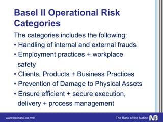 www.natbank.co.mw The Bank of the Nation
Basel II Operational Risk
Categories
The categories includes the following:
• Handling of internal and external frauds
• Employment practices + workplace
safety
• Clients, Products + Business Practices
• Prevention of Damage to Physical Assets
• Ensure efficient + secure execution,
delivery + process management
 