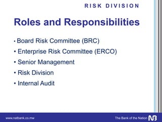 www.natbank.co.mw The Bank of the Nation
Roles and Responsibilities
• Board Risk Committee (BRC)
• Enterprise Risk Committee (ERCO)
• Senior Management
• Risk Division
• Internal Audit
R I S K D I V I S I O N
 