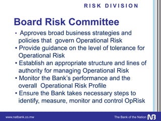 www.natbank.co.mw The Bank of the Nation
Board Risk Committee
• Approves broad business strategies and
policies that govern Operational Risk
• Provide guidance on the level of tolerance for
Operational Risk
• Establish an appropriate structure and lines of
authority for managing Operational Risk
• Monitor the Bank’s performance and the
overall Operational Risk Profile
• Ensure the Bank takes necessary steps to
identify, measure, monitor and control OpRisk
R I S K D I V I S I O N
 