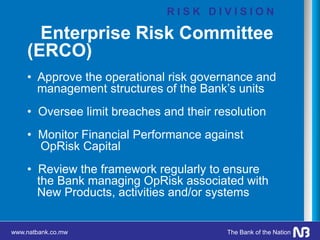www.natbank.co.mw The Bank of the Nation
Enterprise Risk Committee
(ERCO)
• Approve the operational risk governance and
management structures of the Bank’s units
• Oversee limit breaches and their resolution
• Monitor Financial Performance against
OpRisk Capital
• Review the framework regularly to ensure
the Bank managing OpRisk associated with
New Products, activities and/or systems
R I S K D I V I S I O N
 