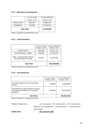 24
3.3.4 Machinery and Equipment
For the 18 kW
Project / LKR
For the 2000 KW
Project / LKR
Turbine & Gen. 286,978 31,886,444
Installation 139,900 15,544,444
Sub Total 47,430,889
Table 07: Operation and Maintenance Cost
3.3.5 Interconnection
For the 18 kW
Project / LKR
For the 2000 KW
Project / LKR
Control circuit 325,000 36,111,111
Grid connection - cables 552,000 61,333,333
Meter - Concessionary fee for
the pilot projects by CEB
54,500 6,055,556
Sub Total 103,500,000
Table 08: Operation and Maintenance Cost
3.3.6 Commissioning
For the 18 kW
Project / LKR
For the 2000 KW
Project / LKR
Commissioning fee- free for the pilot
project
125,000 13,888,889
Grid extension costs (Ministry of Power
and Energy contribution for the pilot
projects)
500,000 55,555,556
Sub Total 69,444,444
Table 09: Operation and Maintenance Cost
Therefore Capital Cost - Land accusation +Pre construction+ Civil Construction +
Machinery and equipment + Interconnection + commissioning +
BOI Charges
Capital Cost - 351, 915,371 LKR
 