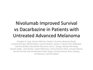 Georgina V. Long, Victoria Atkinson, Paolo A. Ascierto, Benjamin Brady,
Caroline Dutriaux, Michele Maio, Laurent Mortier, Jessica C. Hassel, Piotr Rutkowski,
Catriona McNeil, Ewa Kalinka-Warzocha, Kerry J. Savage, Micaela Hernberg,
Celeste Lebbé, Julie Charles, Catalin Mihalcioiu, Vanna Chiarion-Sileni, Cornelia Mauch,
Henrik Schmidt, Dirk Schadendorf, Helen Gogas, Christine Horak, Brian Sharkey,
Ian Waxman, Caroline Robert
Nivolumab Improved Survival
vs Dacarbazine in Patients with
Untreated Advanced Melanoma
 