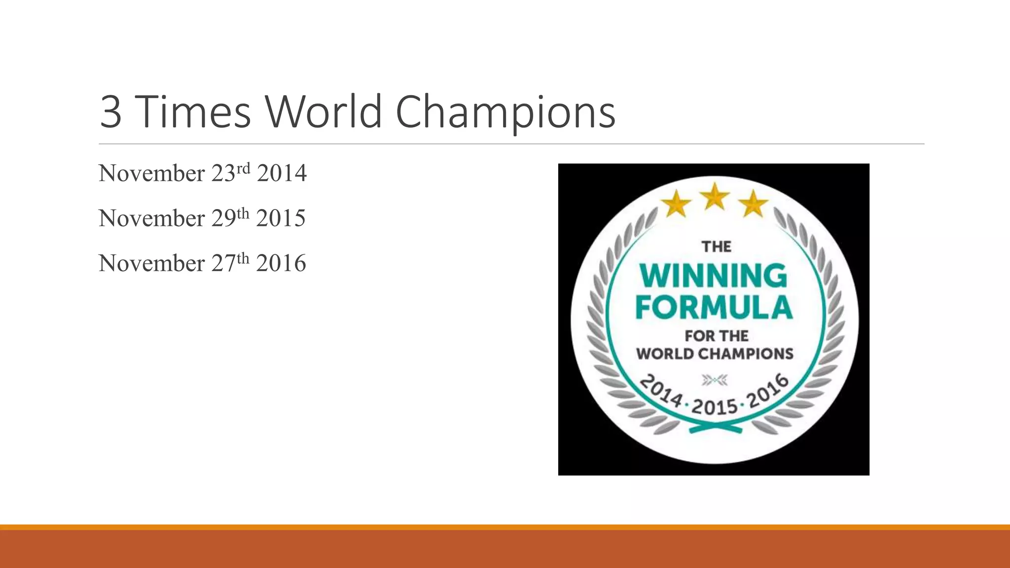 3 Times World Champions
November 23rd 2014
November 29th 2015
November 27th 2016
 