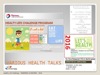 VARIOUS HEALTH TALKS
11
Healthy Life Challenge - ENSEMBLE & HSE/MED - 2016
 