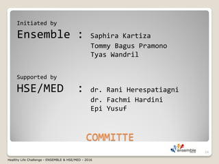 Initiated by
Ensemble : Saphira Kartiza
Tommy Bagus Pramono
Tyas Wandril
Supported by
HSE/MED : dr. Rani Herespatiagni
dr. Fachmi Hardini
Epi Yusuf
COMMITTE
24
Healthy Life Challenge - ENSEMBLE & HSE/MED - 2016
 